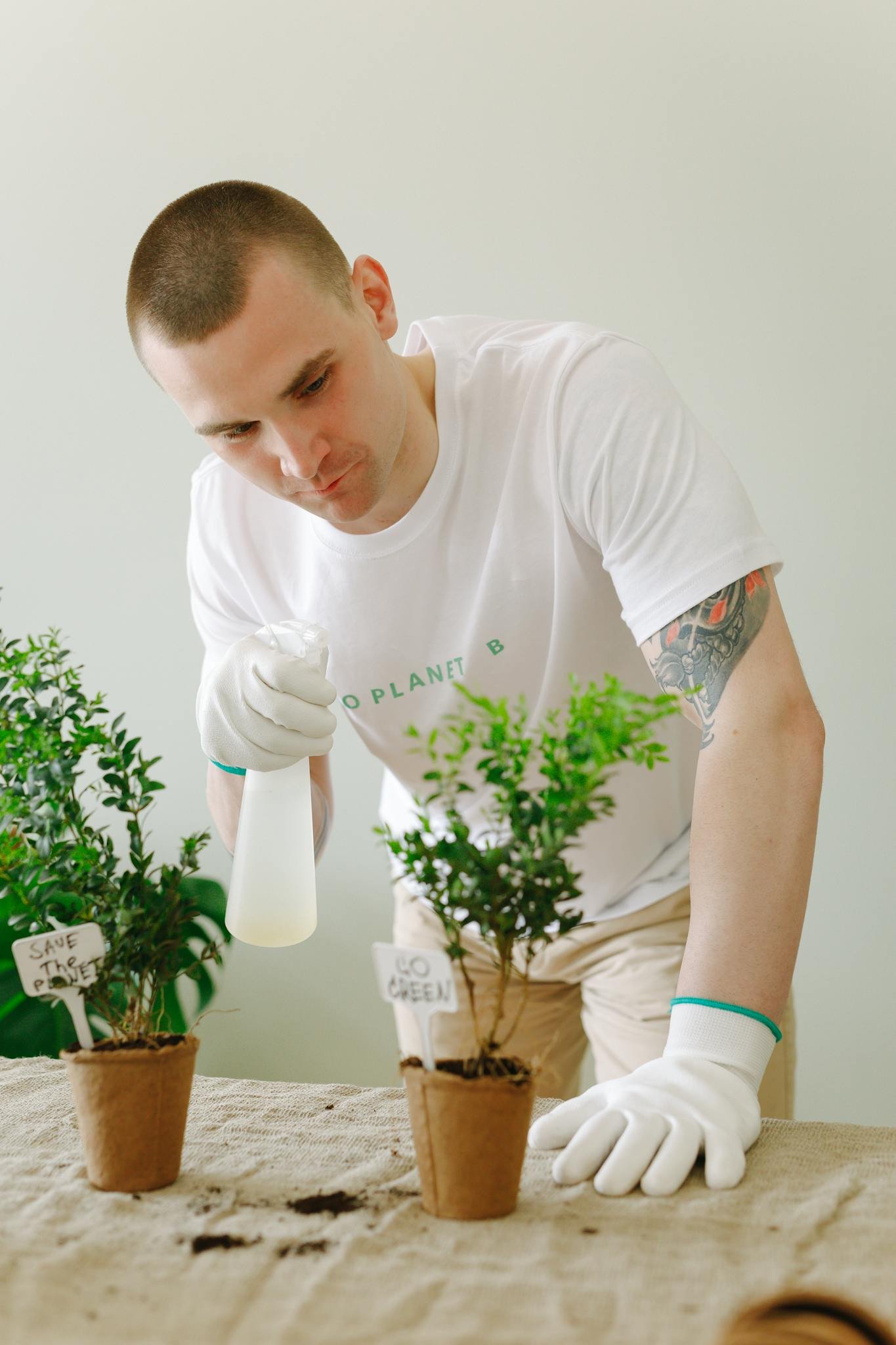 Man nurturing plants indoors, promoting green and eco-friendly practices.