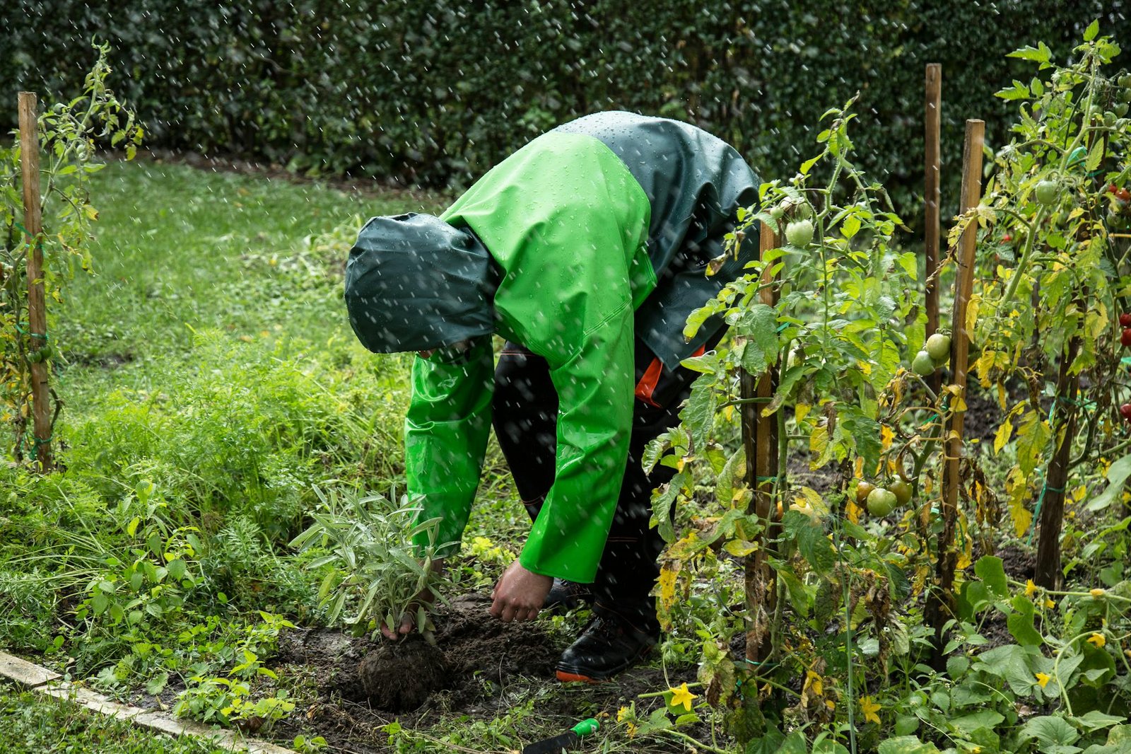 A gardener in a raincoat tends to plants in a vegetable garden during light rainfall.